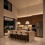 white high ceiling pendant light over Singapore landed kitchen island