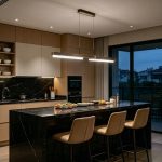 dining room table pendant light above modern black marble counter
