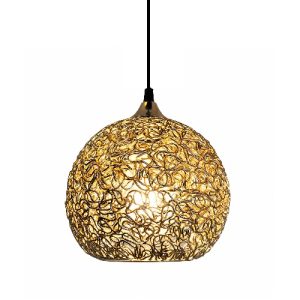 Mid century gold pendant light with woven wire mesh shade