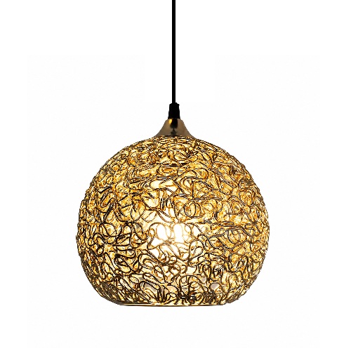 Mid century gold pendant light with woven wire mesh shade