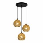 Mid century gold pendant light with 3 round wire mesh shades in white background
