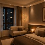Mid century gold pendant light in Singapore condo bedroom