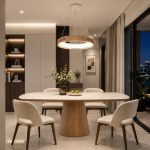 light wood ring pendant light above dining table