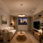light wood ring pendant light in Japandi living room
