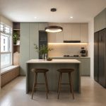 Walnut ring pendant light above a kitchen island