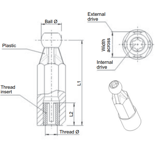 SNAPLOC® Ball Stud 8mm Diameter with M6 Internal Thread, Metal/Plastic, 4029 005 0601 - Image 2