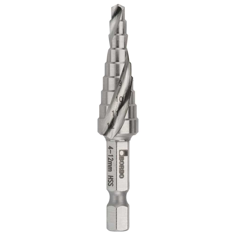 Bordo 4-12 x 1mm Spiral Flute Hex Shank M2-HSS Step Drill, 2604-M1