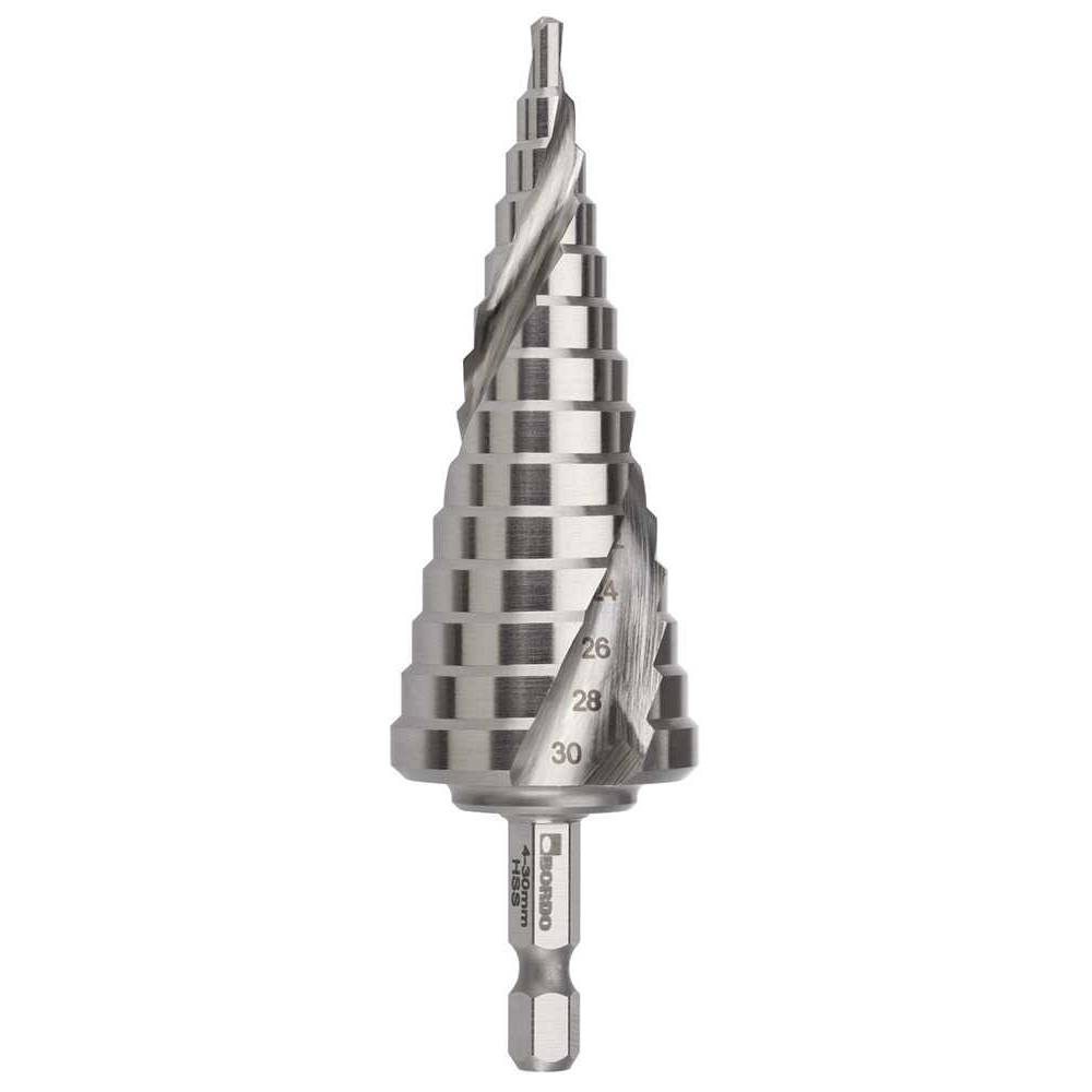 Bordo 4-30 x 2mm Spiral Flute Hex Shank M2-HSS Step Drill, 2604-M3